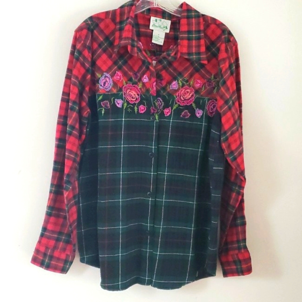 QUACKER FACTORY Women's beaded embroide plaid flannel longsleeve button Shirt, M